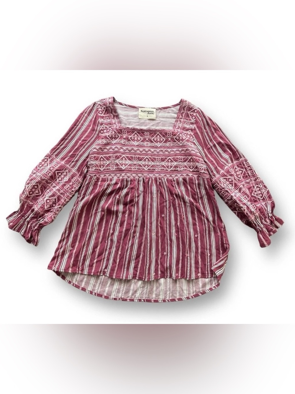 Savannah Jane 100 % Rayon Wine/Cream Embroidered Puff Sleeve Blouse Small